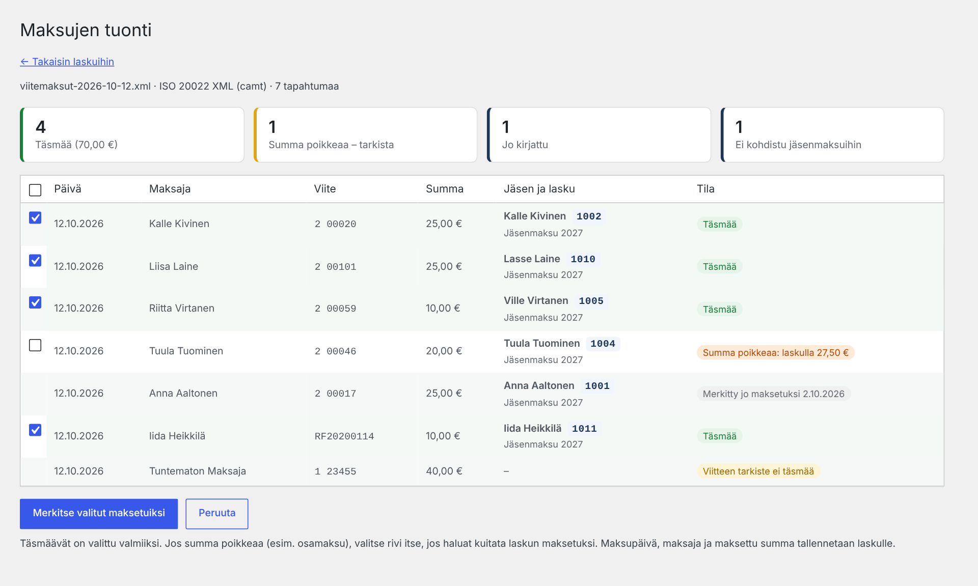 Importing payments from a bank file, with a preview before saving.