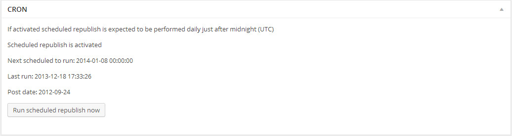 CRON box - showing next scheduled time and information for the most recent run