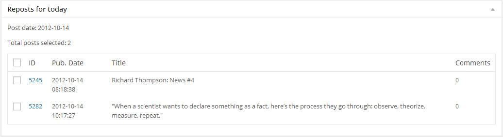 Reposts for today - BEFORE scheduled publish has run. e.g. when scheduled processing not activated