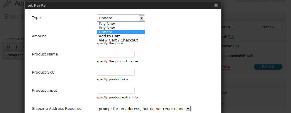 oik PayPal dialog - create PayPal buttons: Pay Now, Buy Now, Donate, Add to Cart and View Cart/Checkout