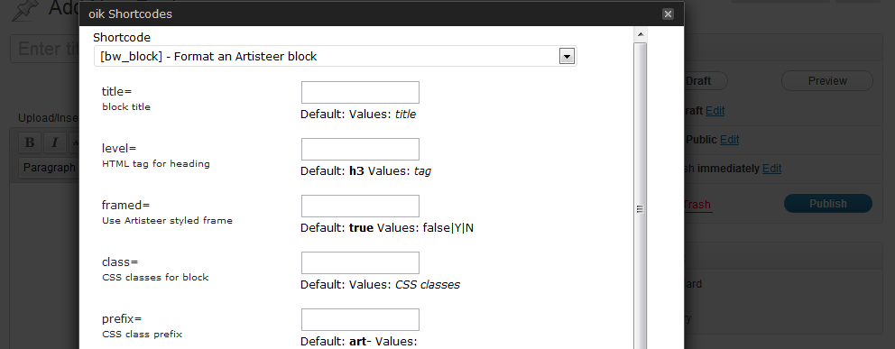 oik shortcodes dialog - showing syntax for [bw_block]
