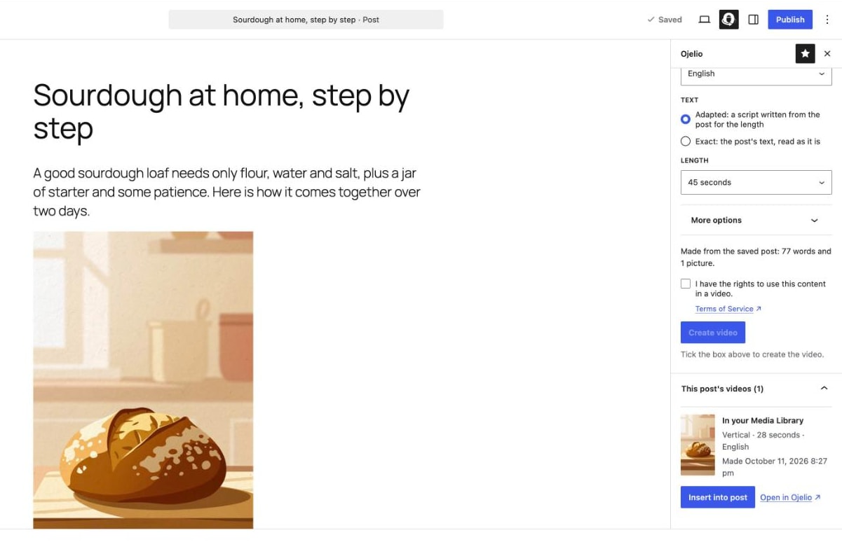 The finished video, already in the Media Library, one click from the post.