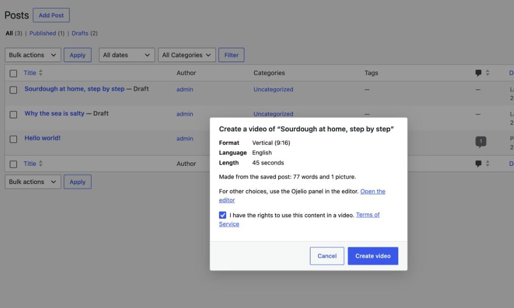 Creating a video from the Posts list, without opening the editor.
