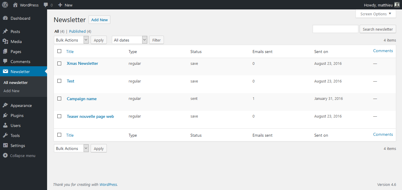 This is the WordPress admin screen where your can see all your imported MailChimp campaigns