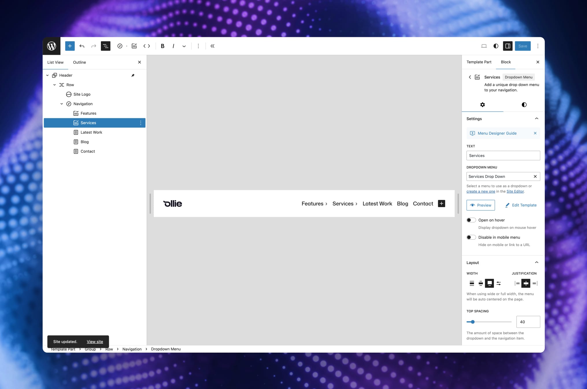 Customize dropdown menus directly in the block editor with intuitive settings.