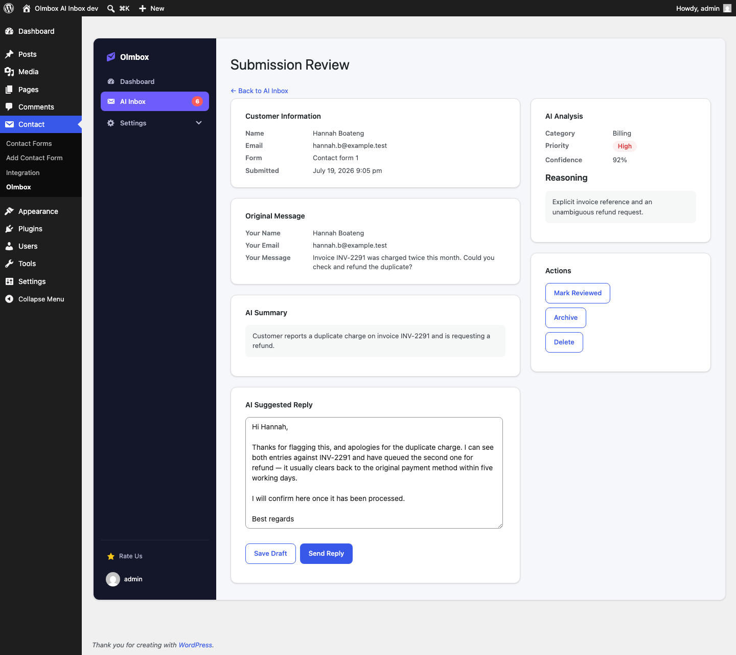 Submission review screen — original message, AI summary, editable suggested reply, and full analysis.