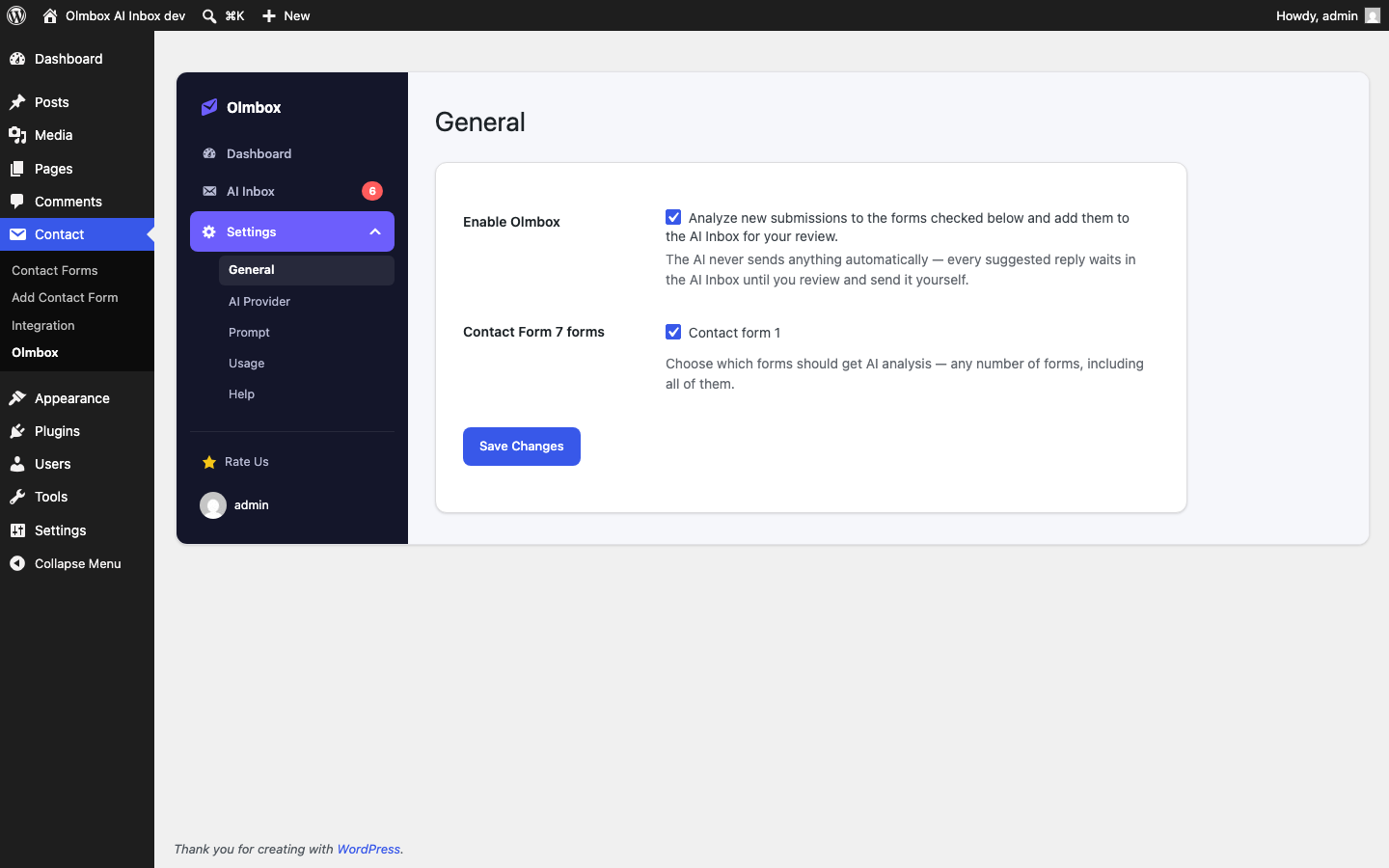 General tab — enable Olmbox and choose which forms it applies to.
