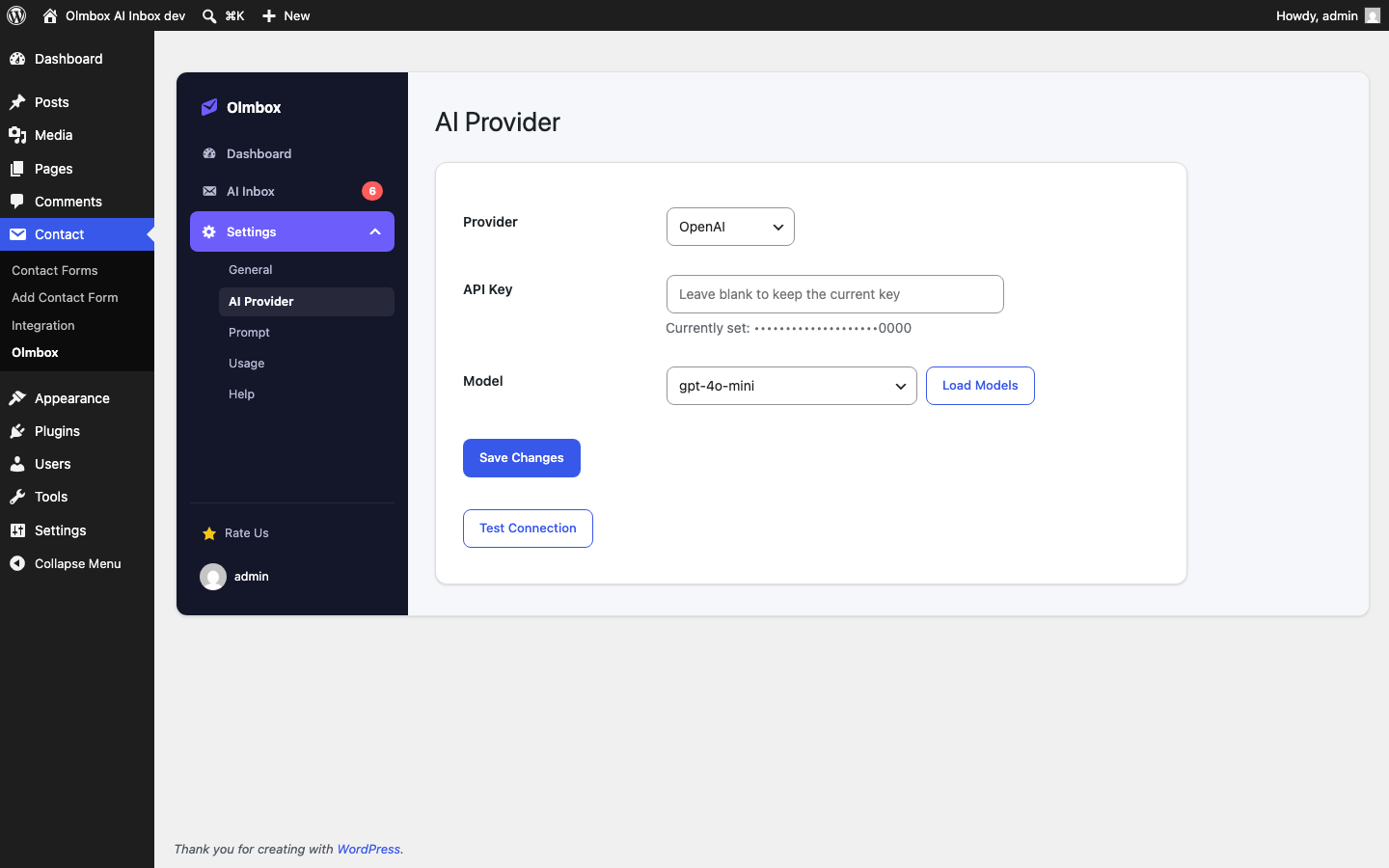 AI Provider tab — choose a provider, pick a model from the live dropdown, and test the connection.