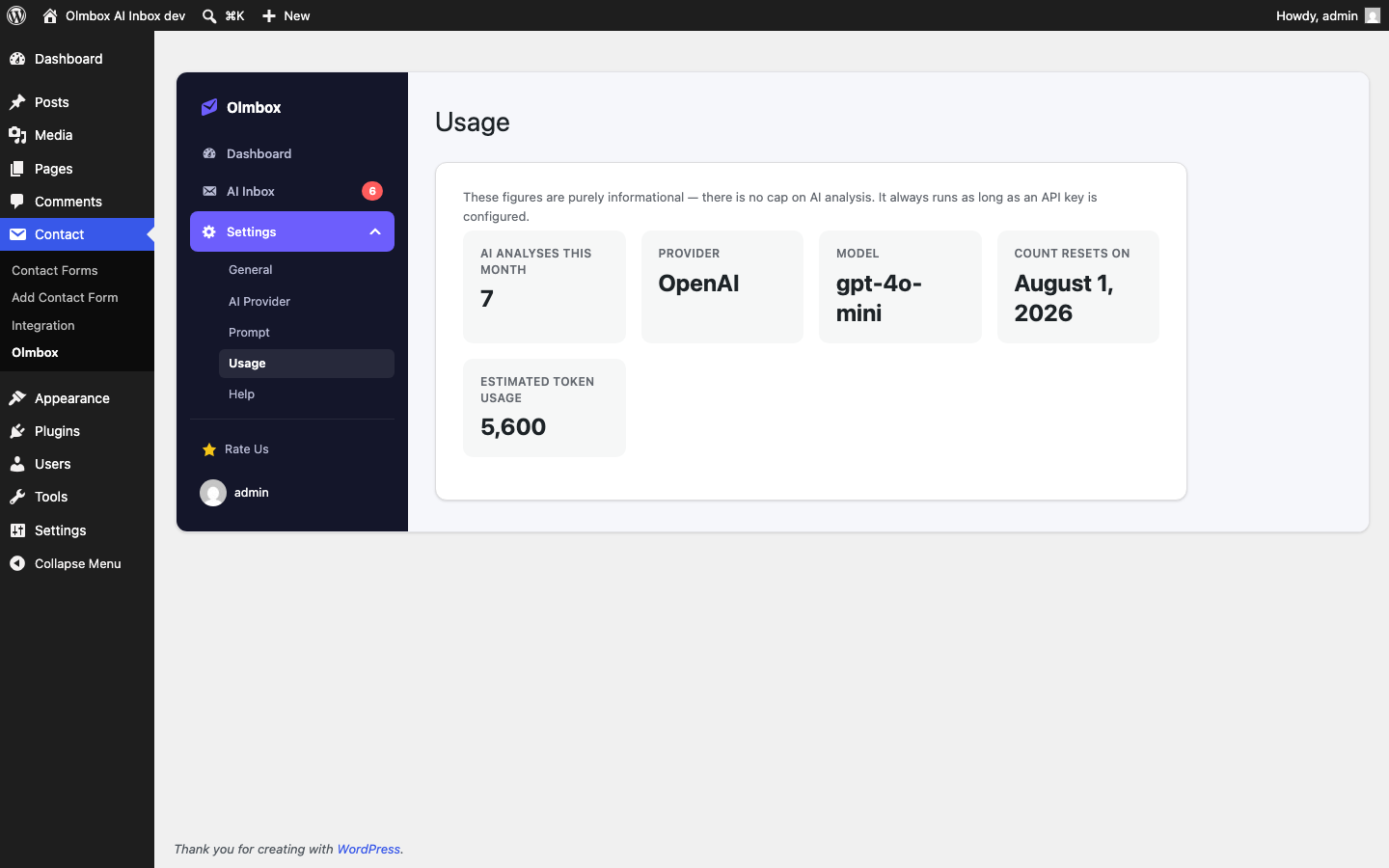 Usage tab — model and estimated token usage.