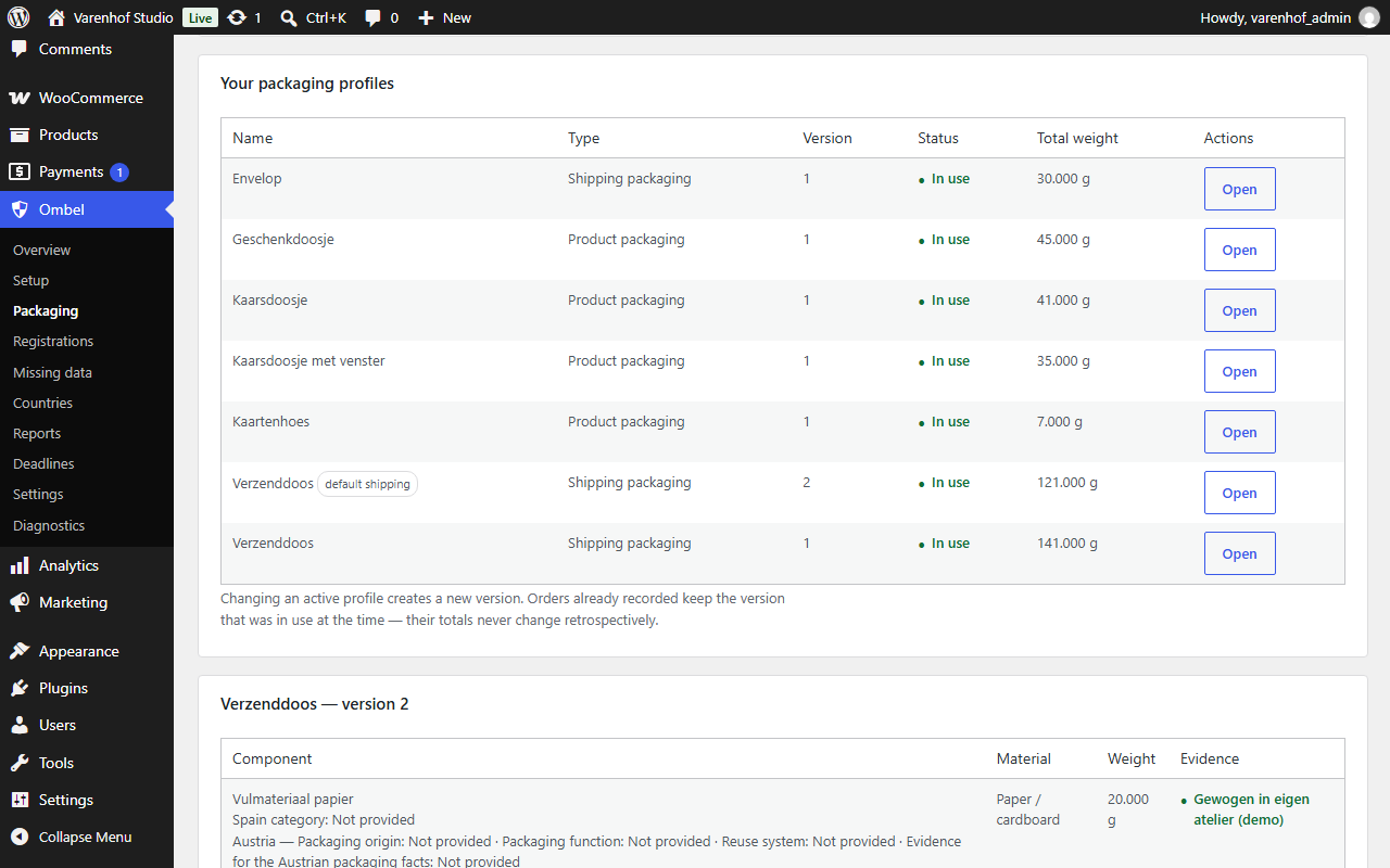 Packaging profile with component weights, evidence and version history.