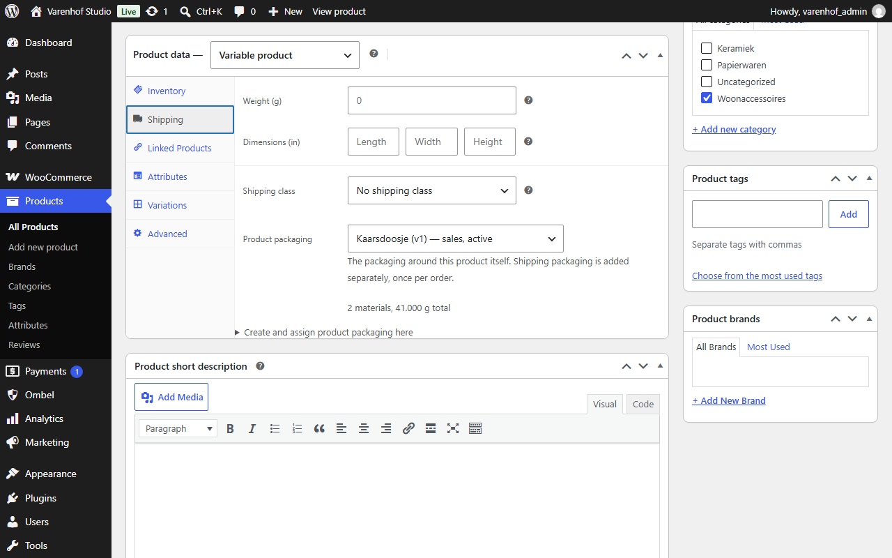 Assign packaging to a product or variation from the product editor.