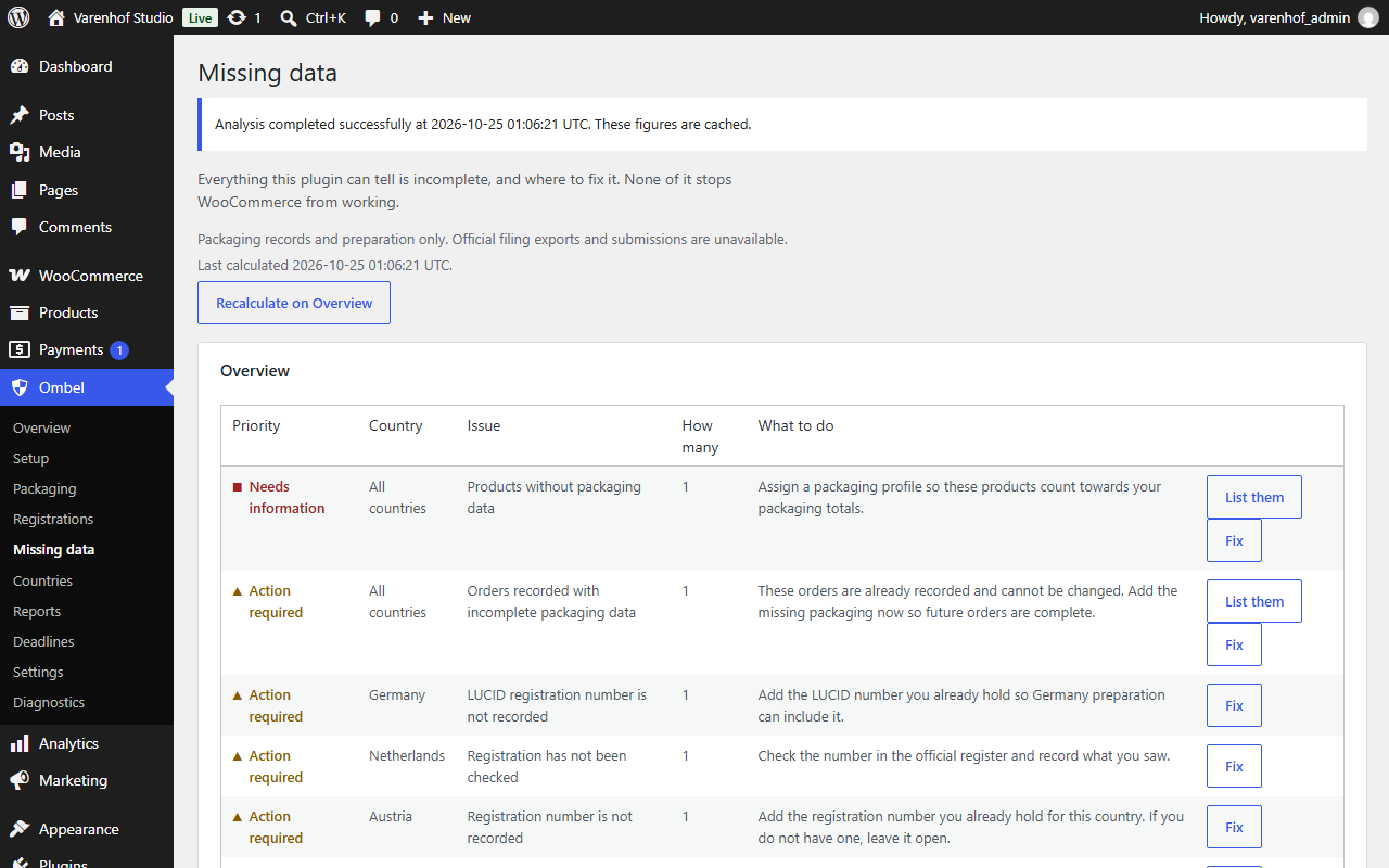 Missing data lists what is incomplete and where to fix it.