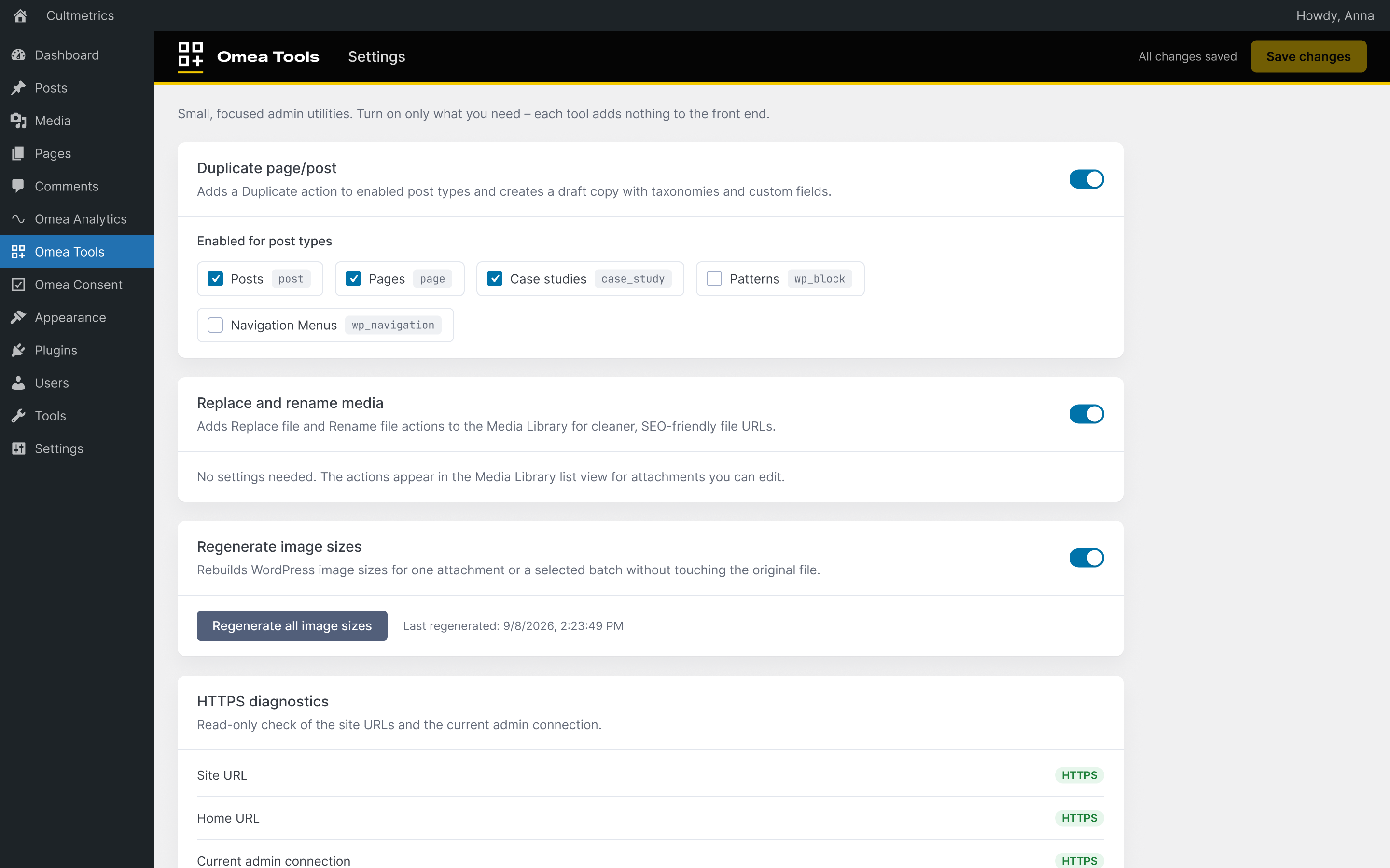 Settings: duplicate posts and pages, replace and rename media, regenerate image sizes and check HTTPS.