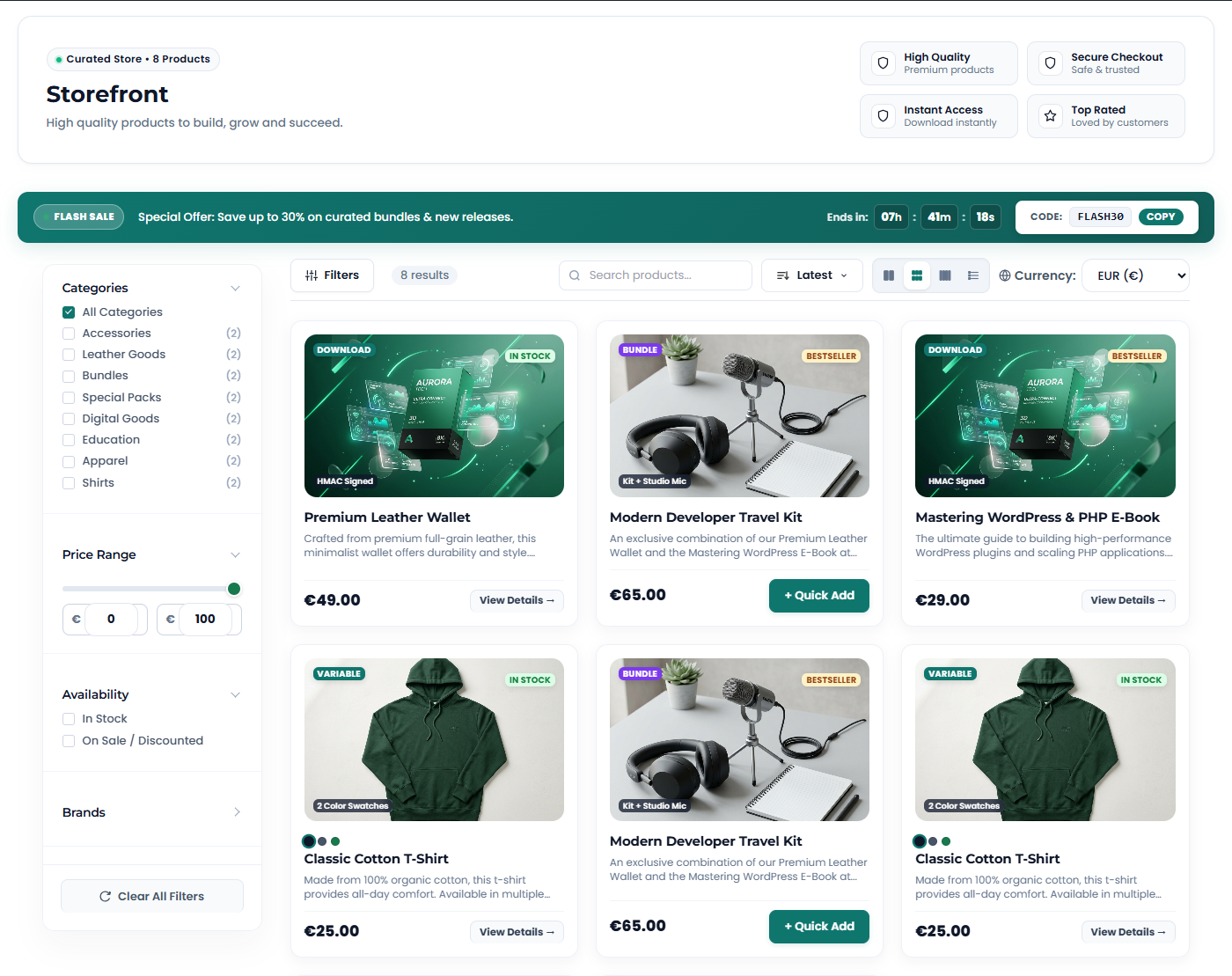 Executive store dashboard with real-time financial KPIs ($48,290.00 Gross Sales, 1,248 Orders), 30-day health monitor, and revenue charts.