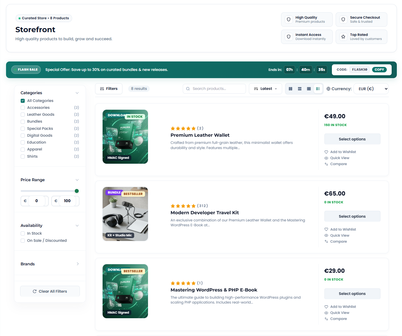 Product catalog management table with multi-attribute filtering, instant search, stock level badges, SKU tracking, and bulk actions.