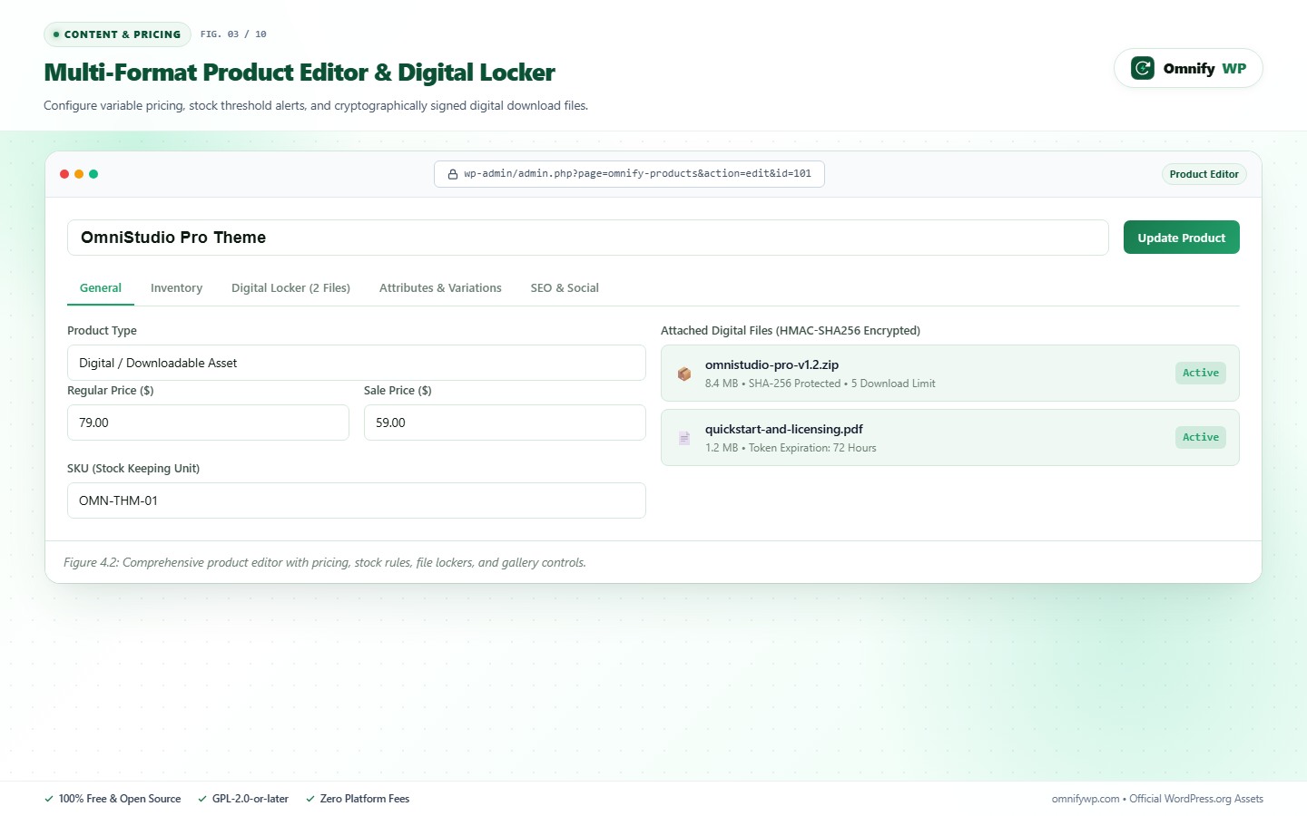 Comprehensive product editor interface for pricing, stock management, dimensions, and digital file attachments.