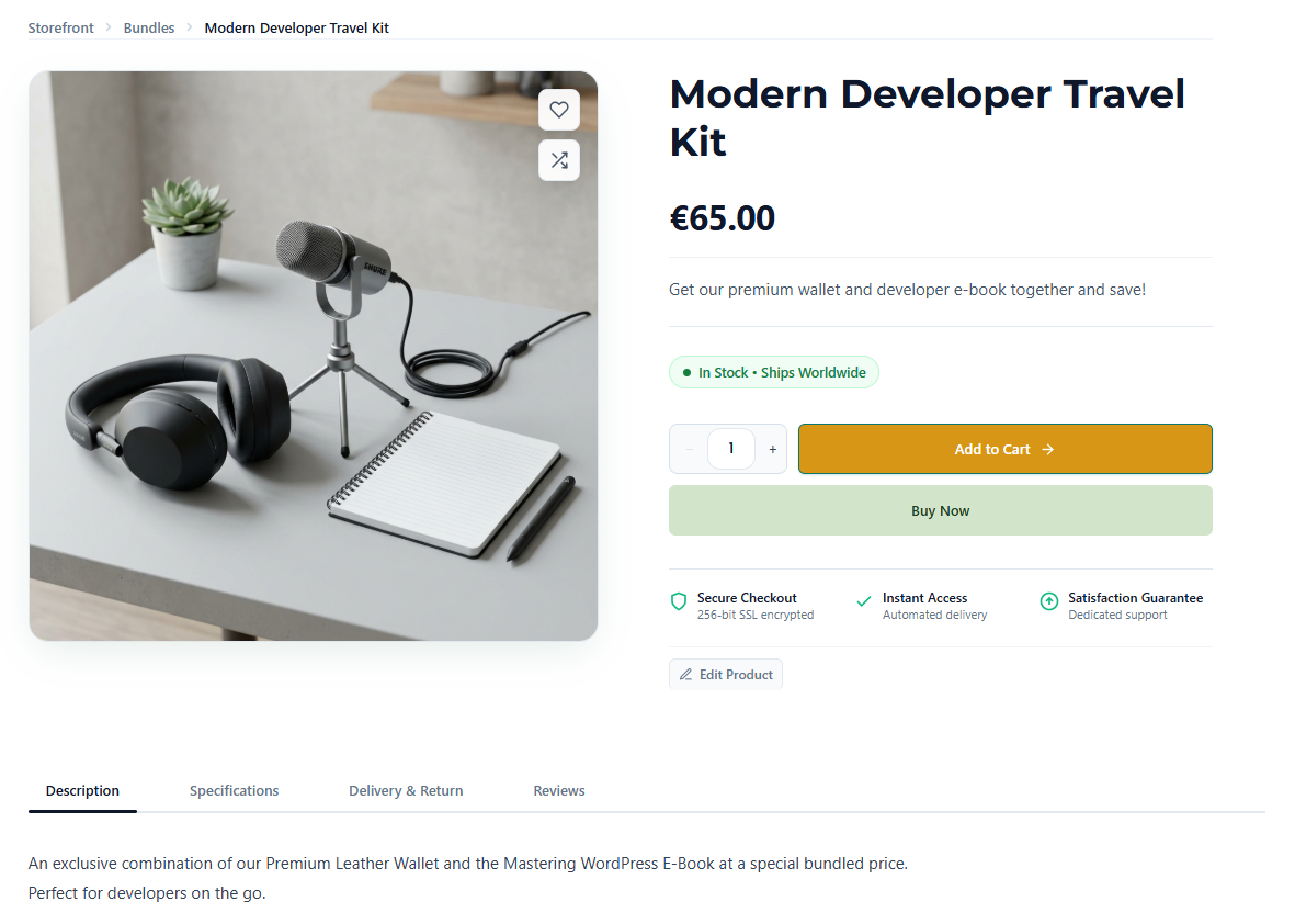 4-step product creation wizard with pricing tiers, cryptographic HMAC digital file locker, and live "Preview Product" modal.