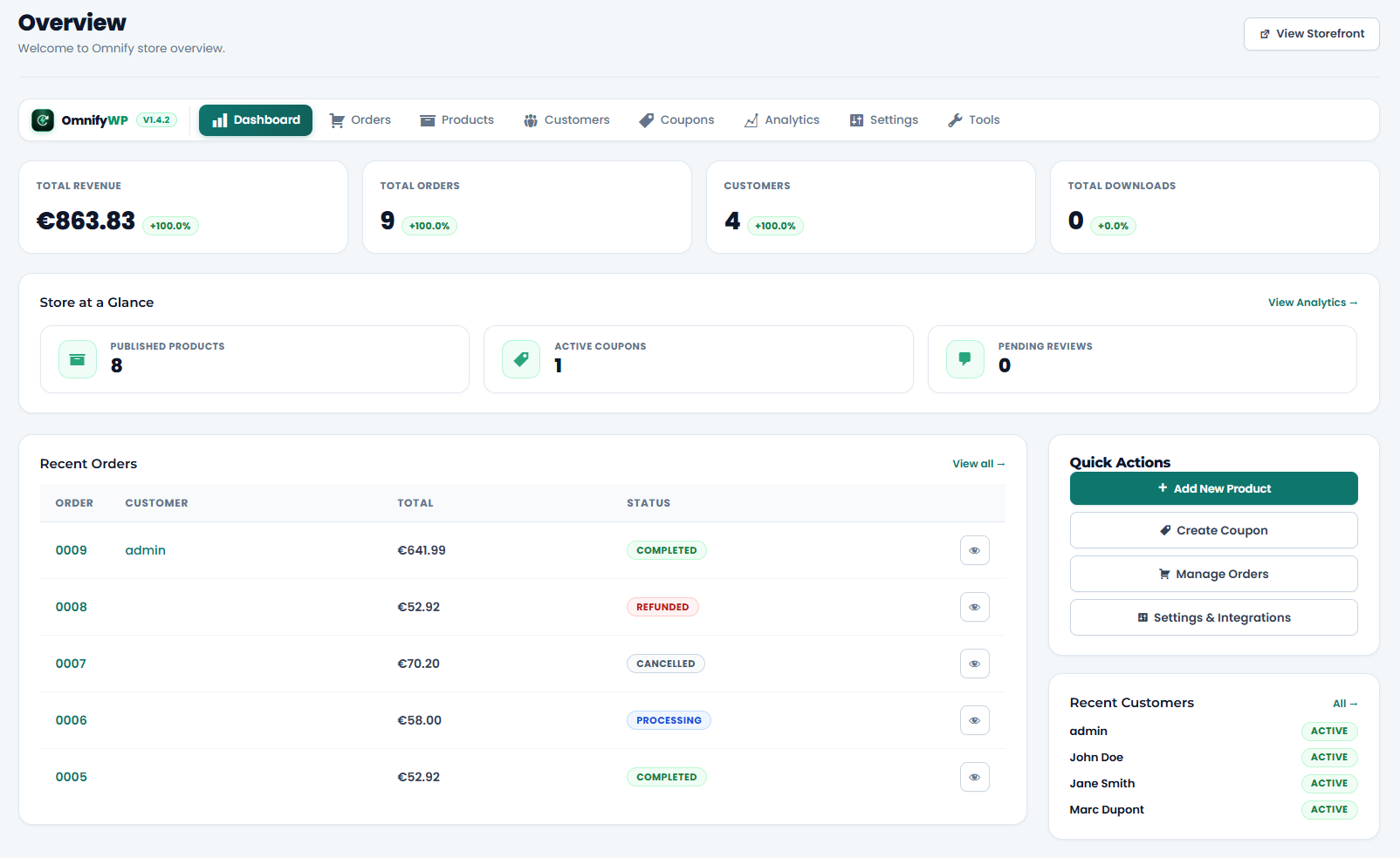 Promotions & coupons engine with percentage and fixed discount rules, usage counters, expiration countdowns, and coupon analytics.