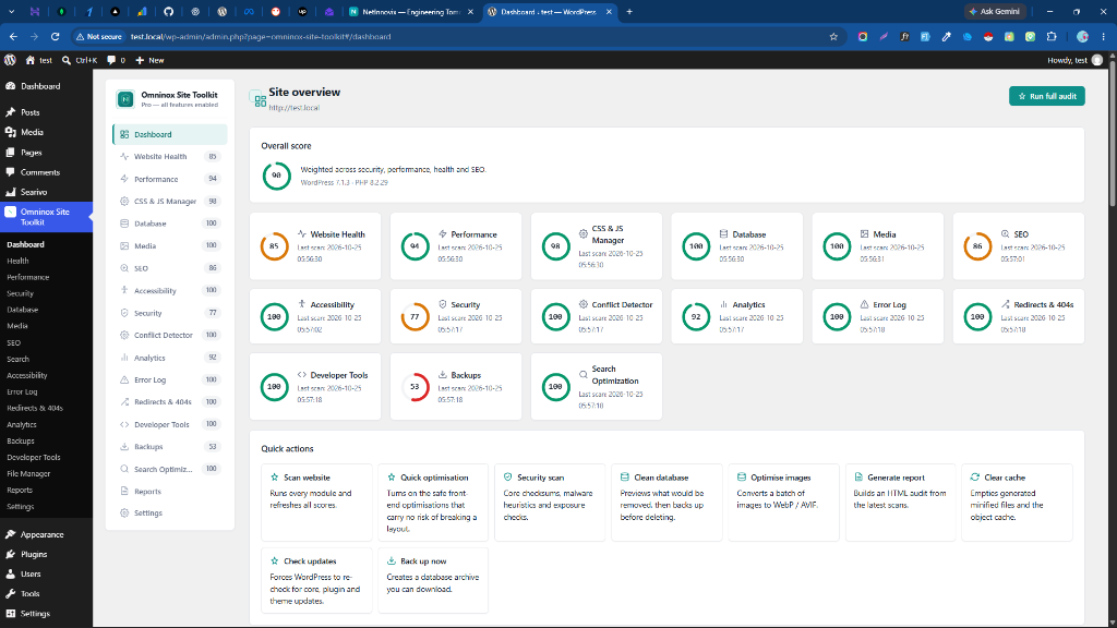 Site overview dashboard with real-time overall health score (98), module status cards, and quick action tools.