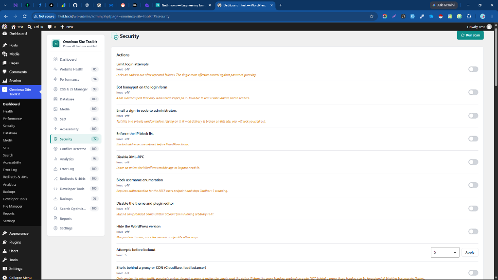 Defensive Security Center with login attempt limits, XML-RPC disabling, and username enumeration protection.