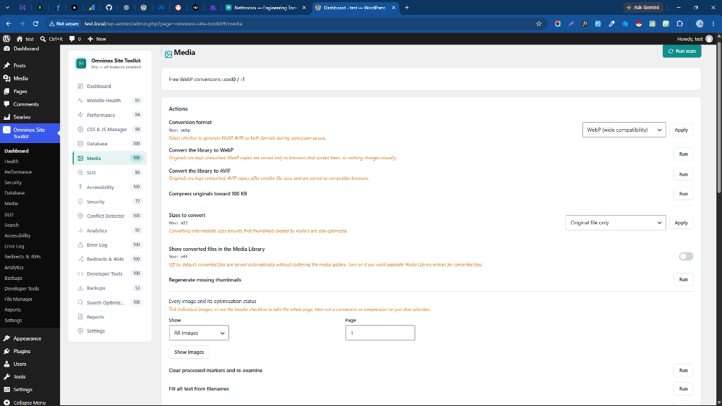 Media Manager with next-gen WebP/AVIF image conversion format options and media library hygiene.
