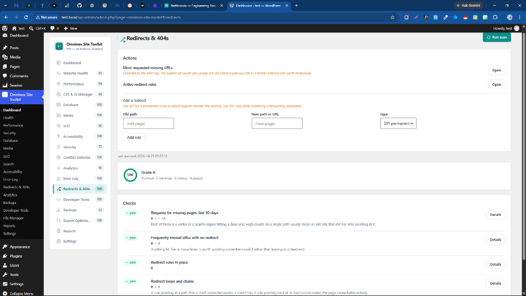 Redirects & 404 monitoring with automated missing URL tracking and 301 redirect management.