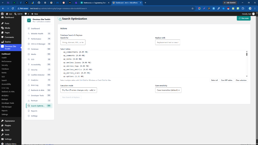 Search Optimization suite with database search & replace, table selection, and dry-run execution mode.