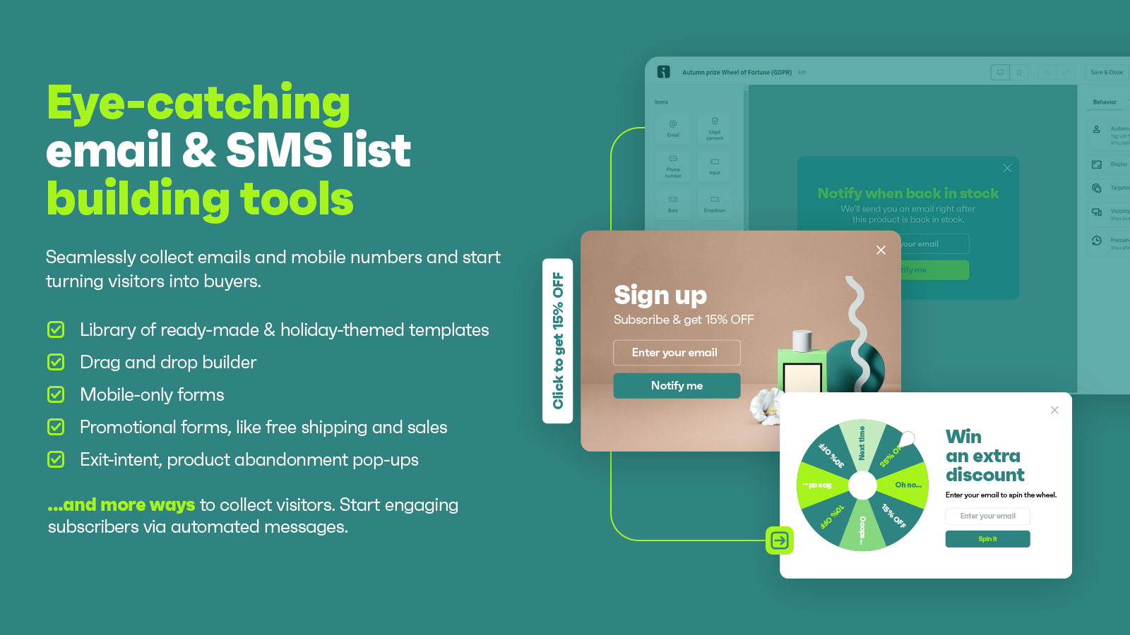 Grow your audience with popups incl exit-intent, signup forms &amp; spin-to-win