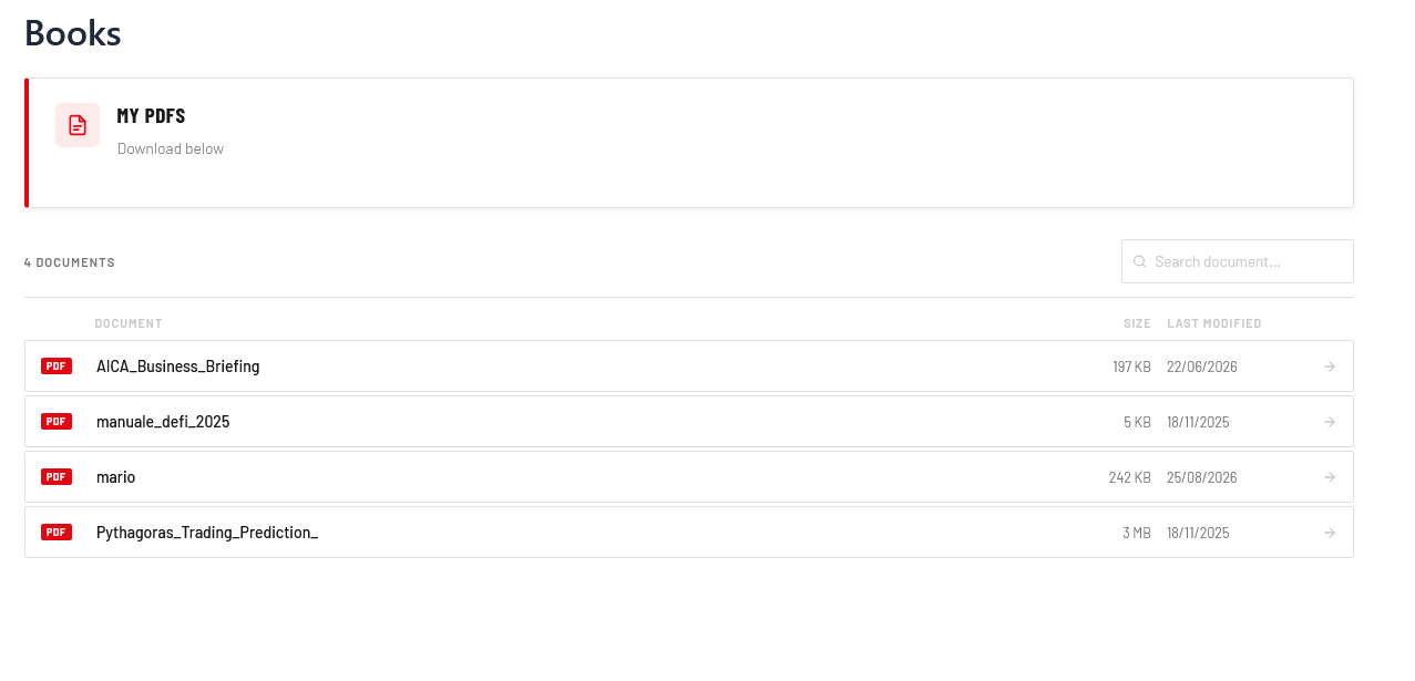 The frontend view of the PDF archive with tabs and search bar.