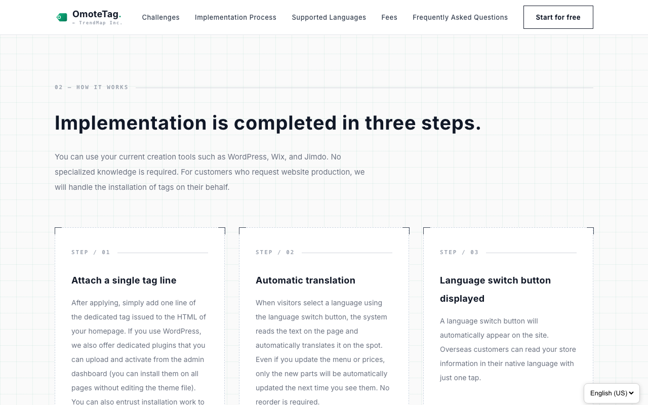 The front end of a site with OmoteTag installed, viewed in English. The language switcher appears in the lower right corner.