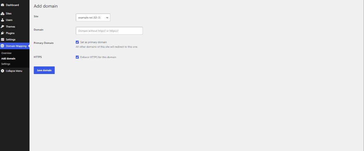 Add Domain – form for creating new domain mappings