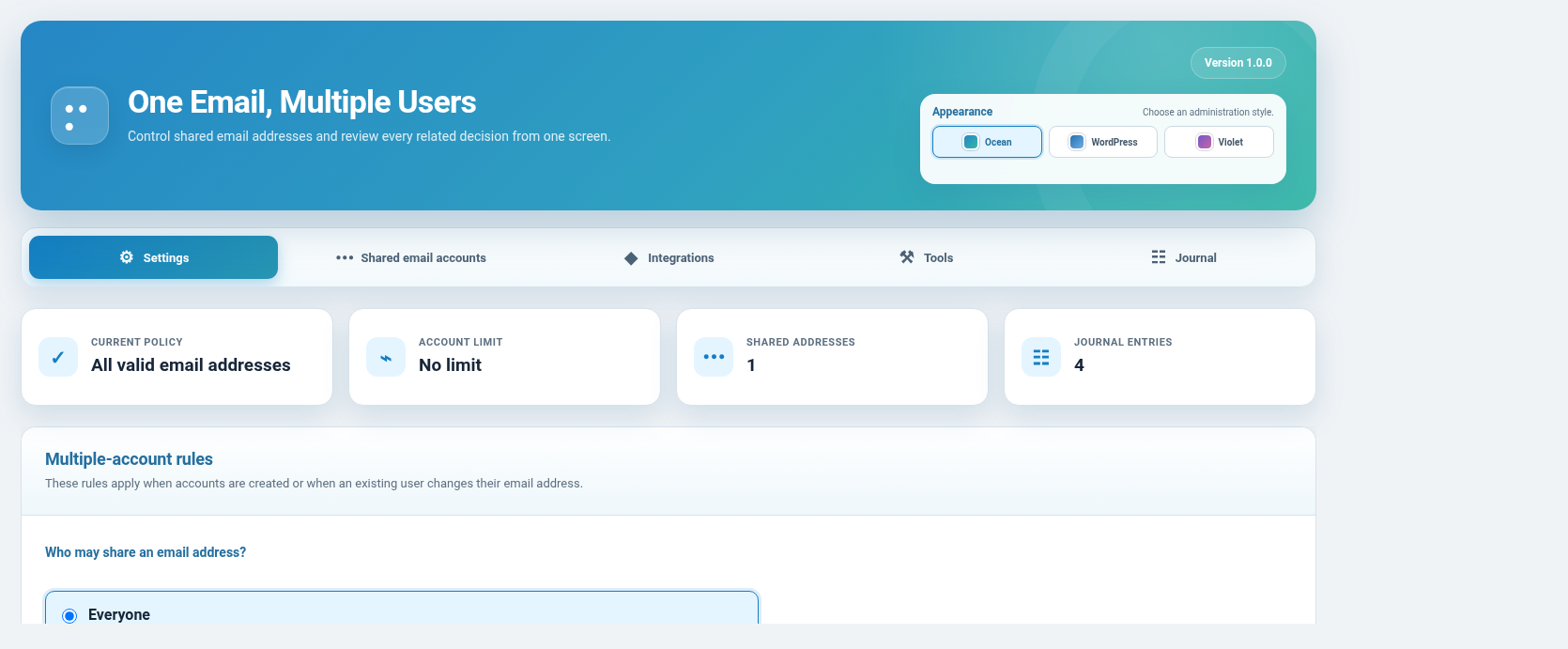 Settings dashboard overview.
