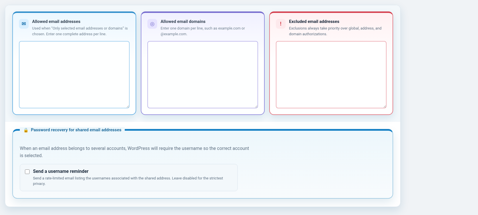 Allowed addresses, domains, exclusions, and password recovery.