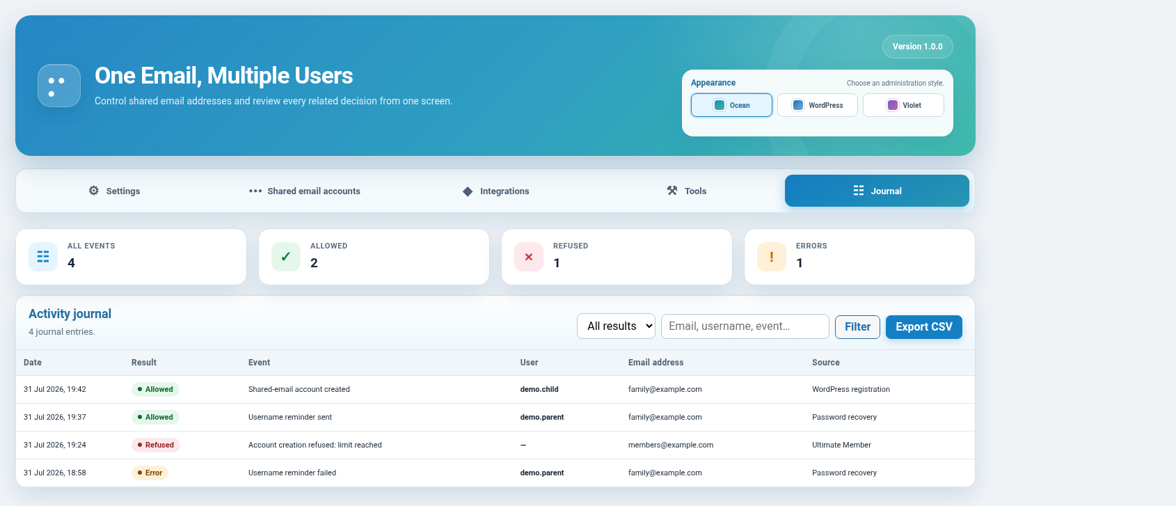 Activity journal with result filters and CSV export.
