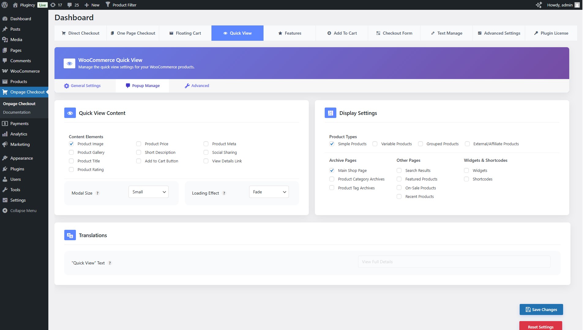 Settings - Quick View (Popup Manage)