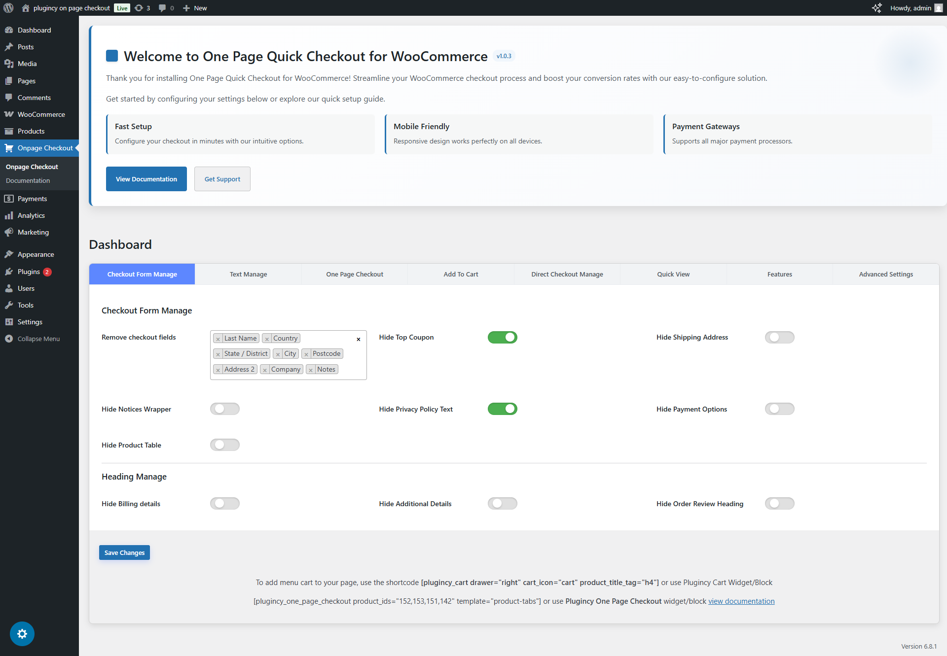 Settings - Checkout From Manage
