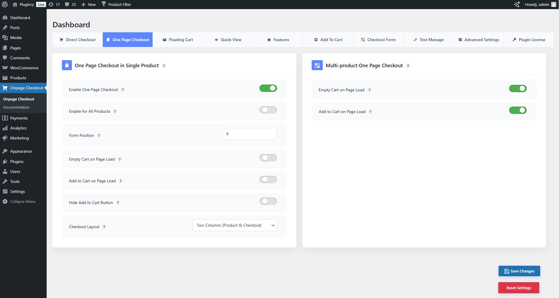 Settings - One Page Checkout