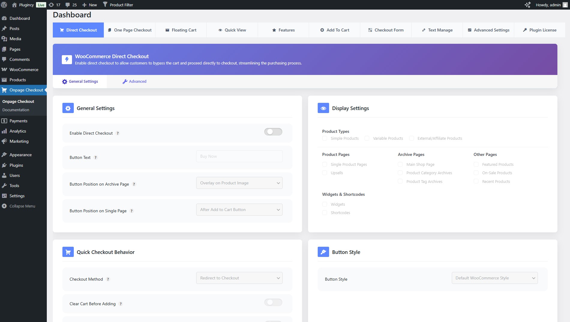 Settings - Direct Checkout Manage