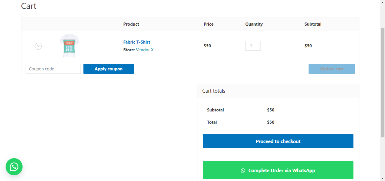 WhatsApp button output on the front-end, Cart page