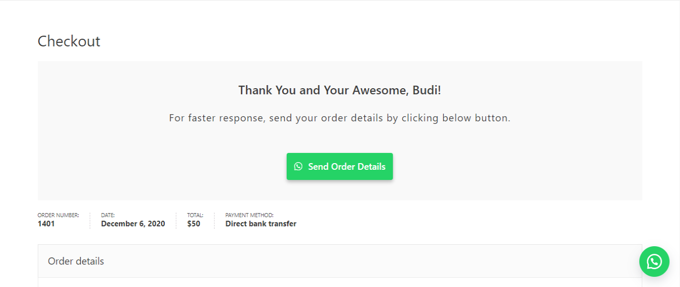 WhatsApp button output on the front-end, Order Received / Thank You page