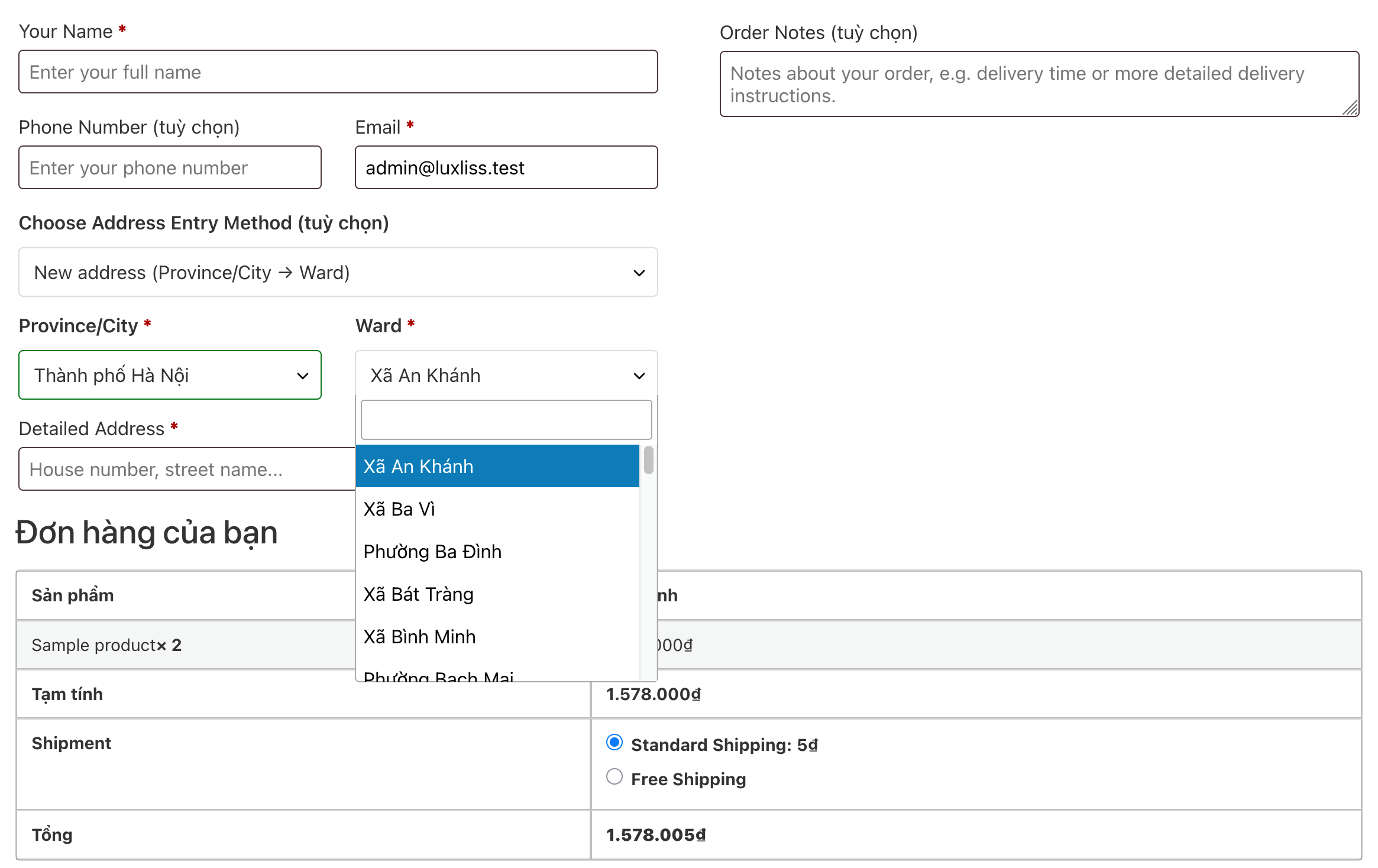Checkout form with Vietnamese address fields