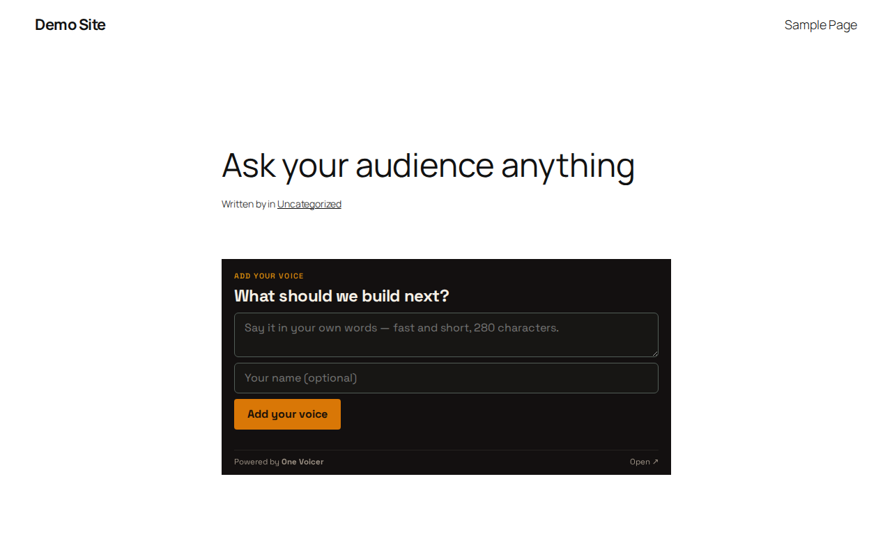 The live embed on a page: question, answer box, and the blended one voice.