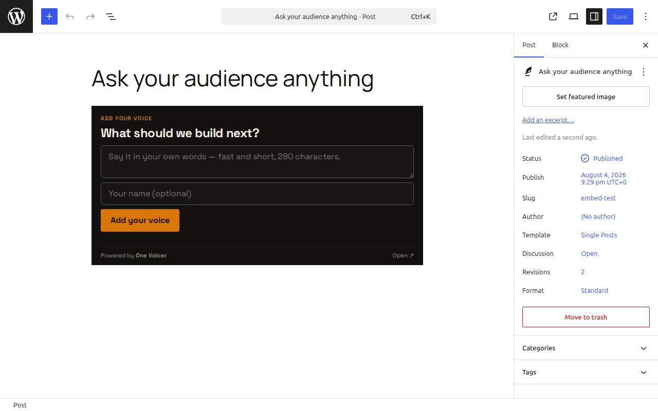 The block in the editor: the live preview of what visitors will see.