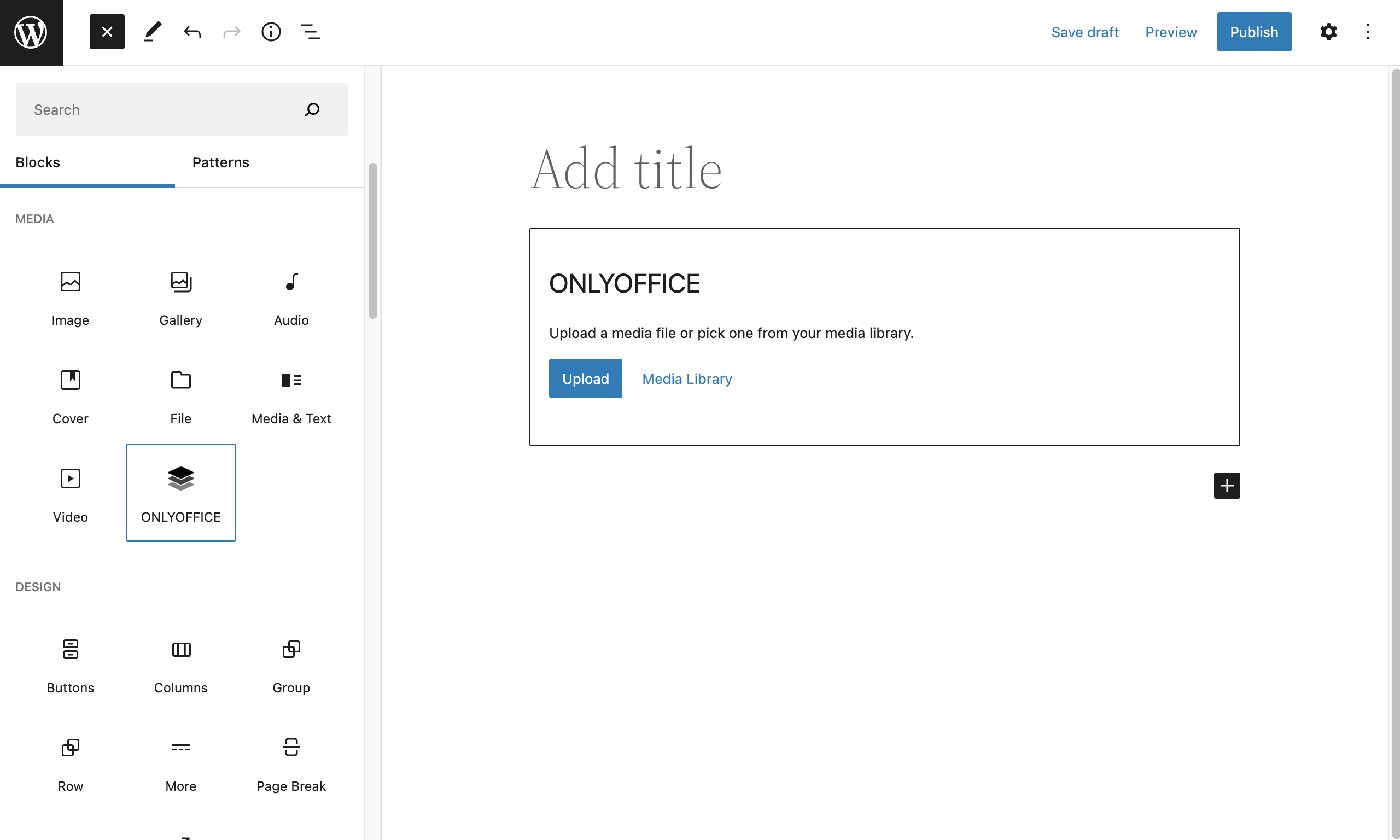Uploading a new file or selecting one from the Media Library to the ONLYOFFICE block.