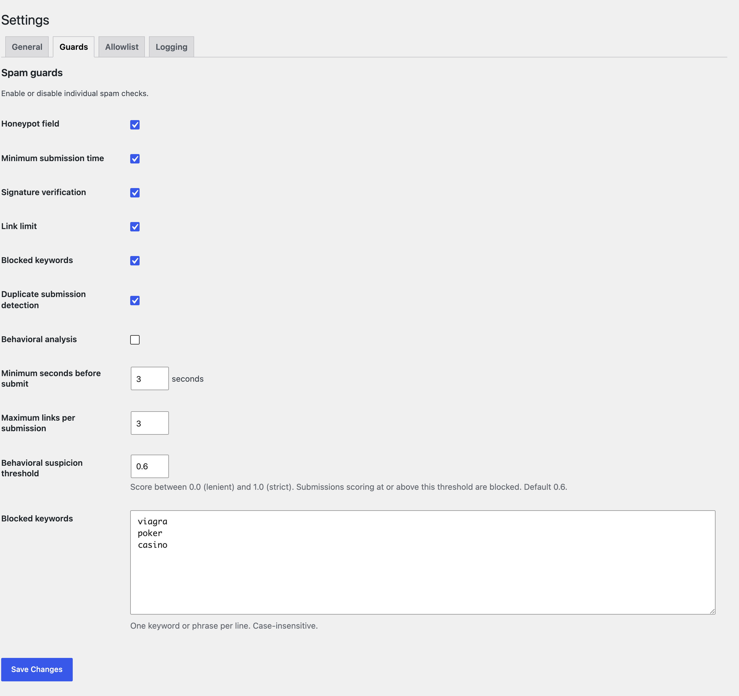 The tabbed settings page — the Guards tab, with individual guard toggles and per-guard thresholds.