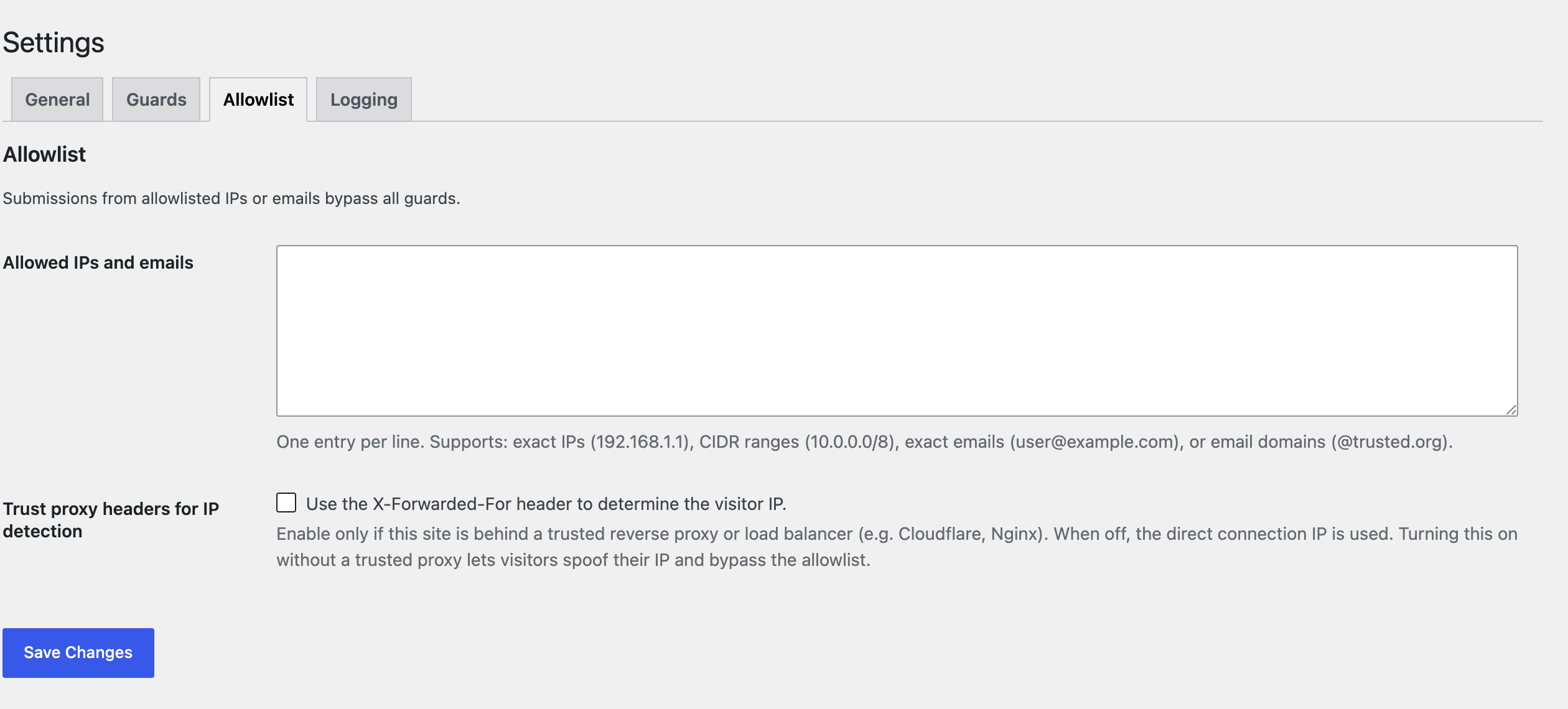 The Allowlist tab — allowed IPs, CIDR ranges, and emails, plus the trusted-proxy option.