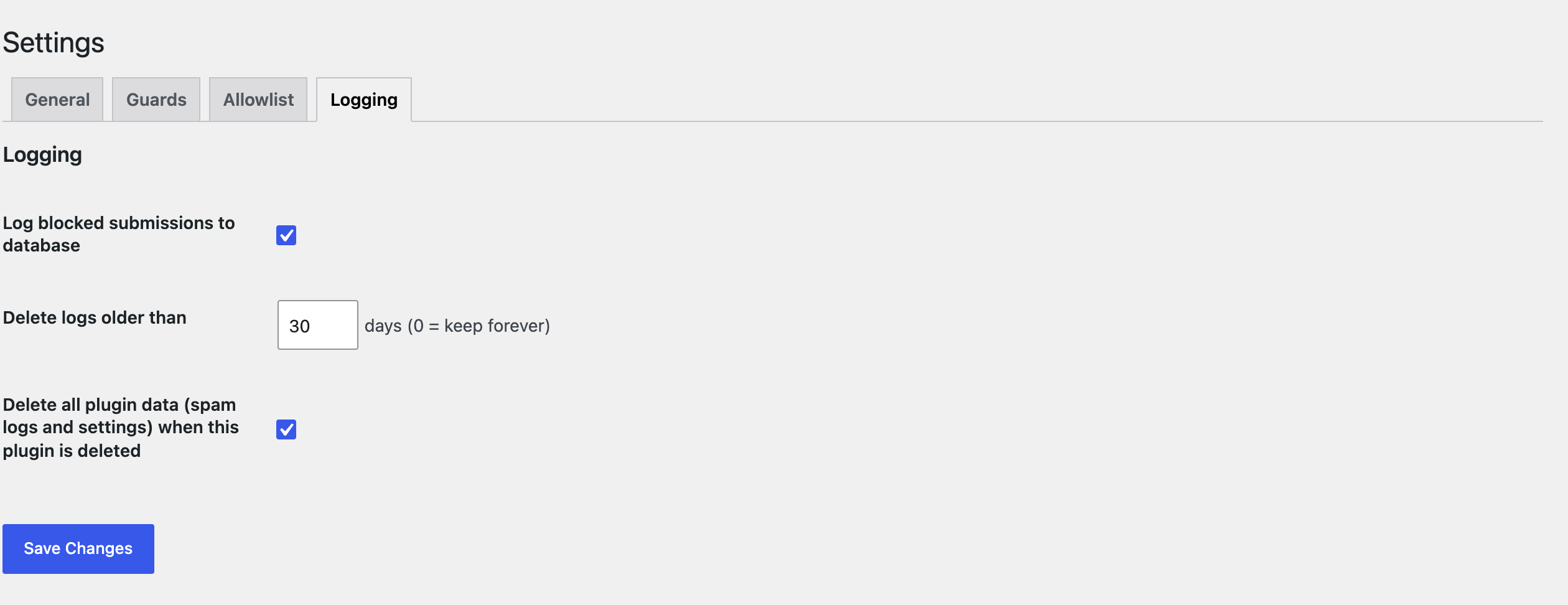 The Logging tab — log retention and the option to keep or delete data when the plugin is removed.
