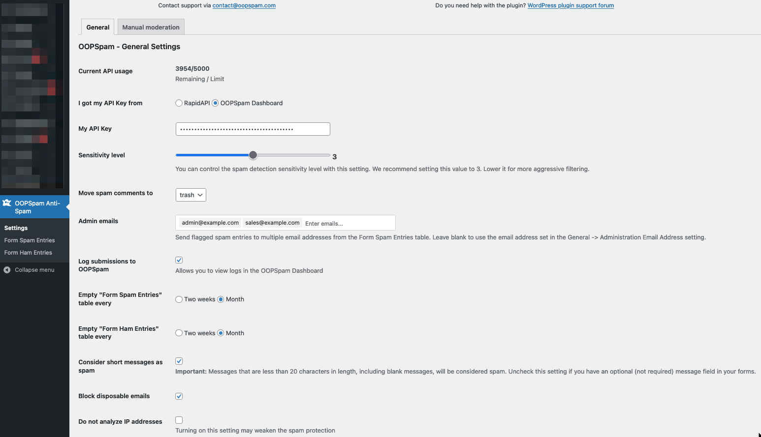 OOPSpam admin settings