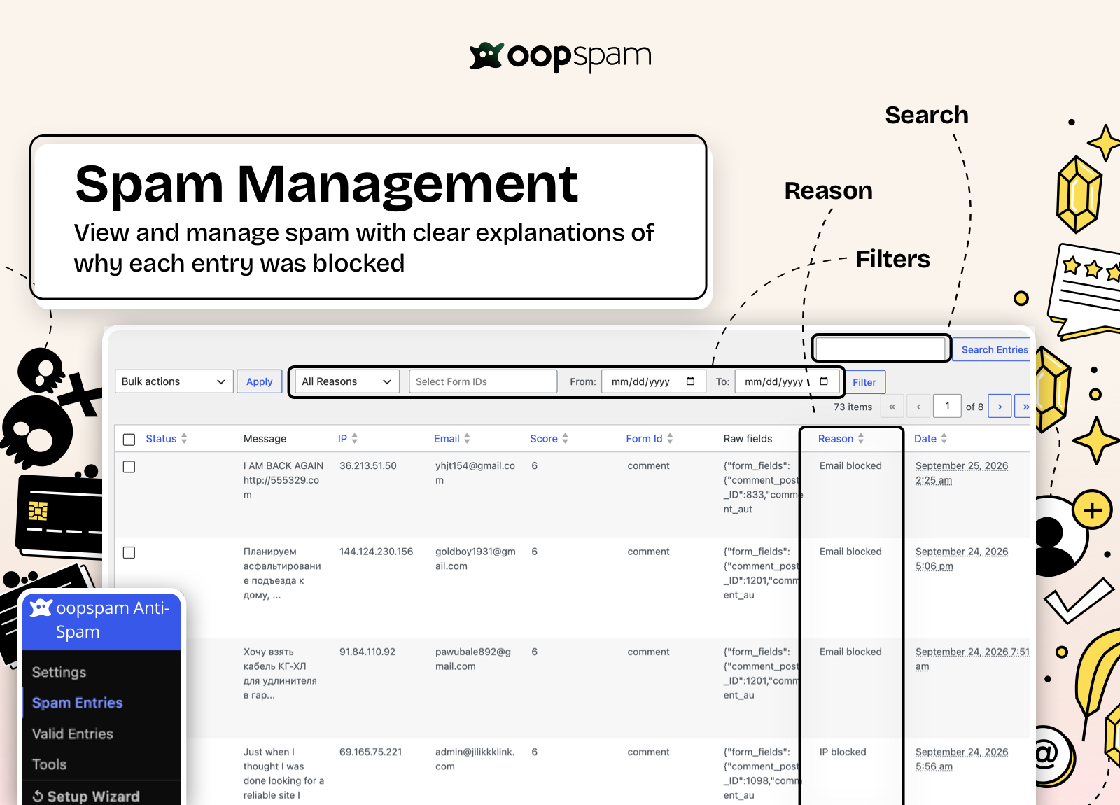 Don’t wonder why a submission was blocked. The Spam and Valid Entries tables log all submissions, and Spam Entries show you why a submission was blocked.