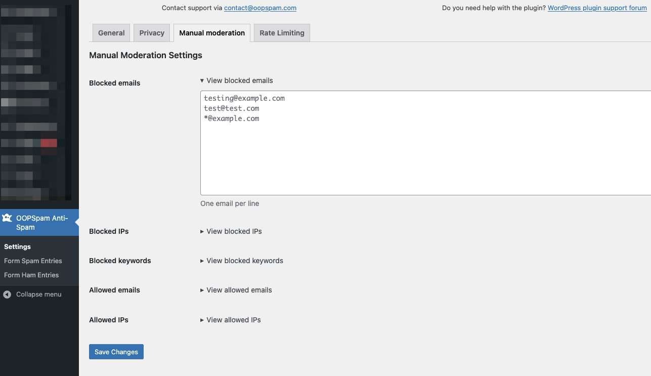 Manual moderation settings